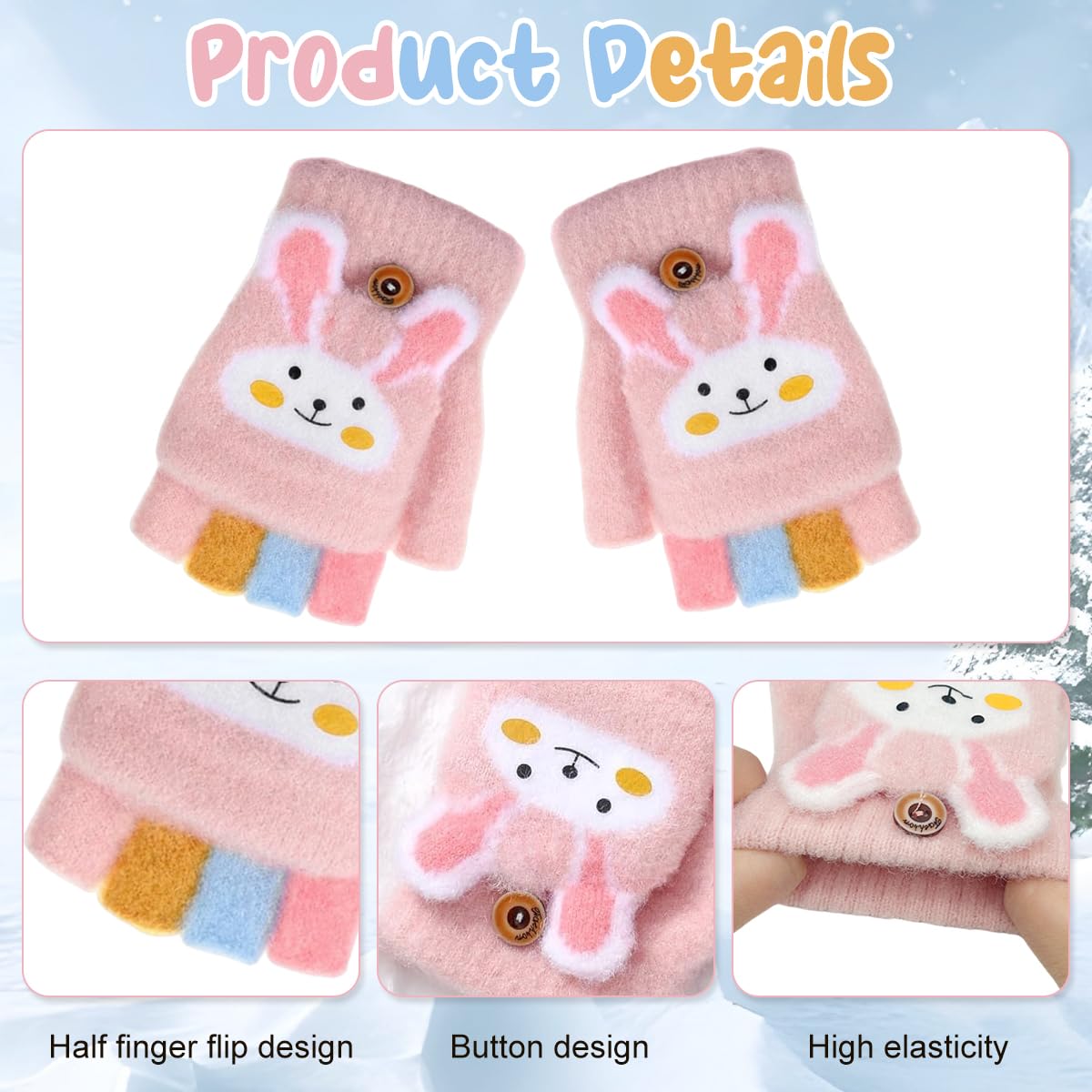 PATPAT Pink Bunny Flip Winter Gloves for Girls 4–12 with Finger Guard Flap | Soft Plush Half Finger Mitts for Outdoor Fun