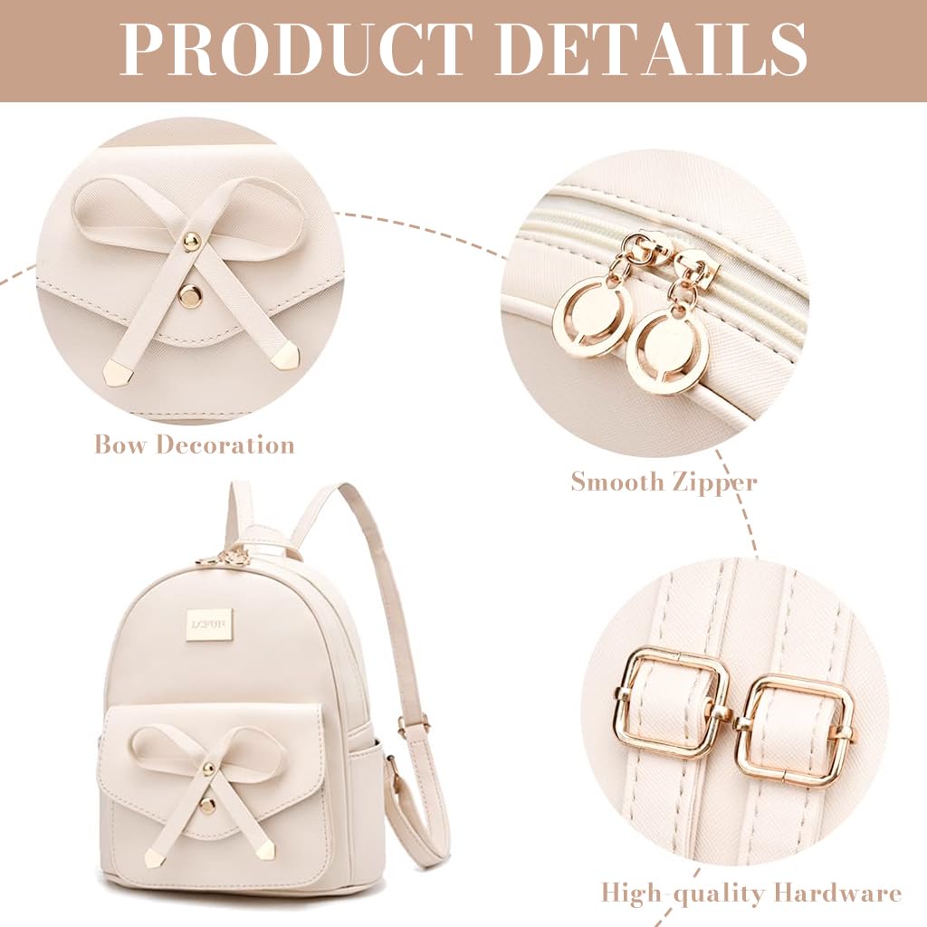 PALAY Girls Leather Backpack for School and Travel with Dual Zippers 22x13x24cm | White Bowknot Purse