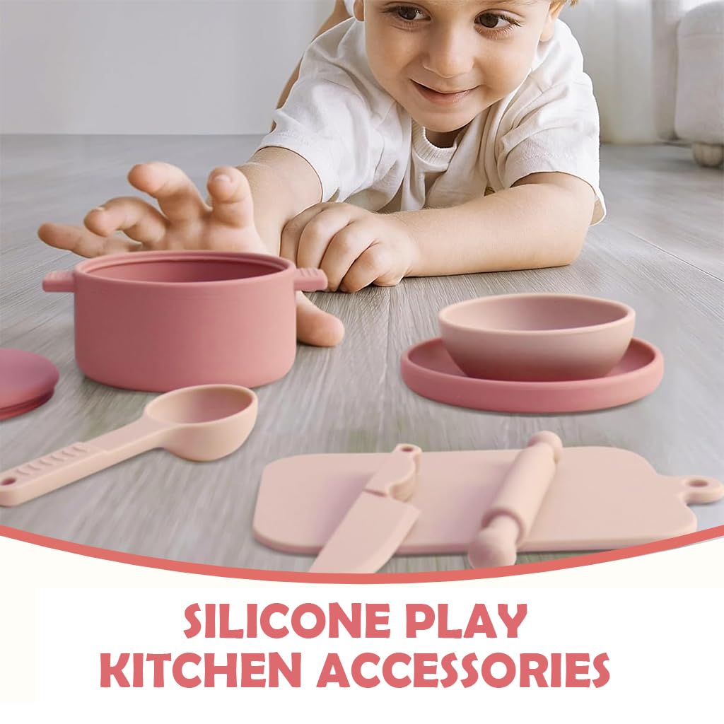 PATPAT Silicone Pretend Play Toy Set for Kids with 16Pcs Real Use Tableware | Pink Kitchen Set for Girls