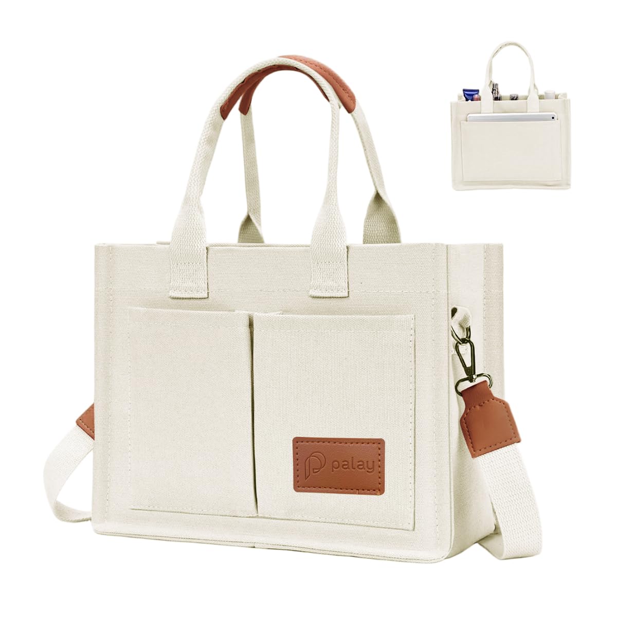 PALAY Tote Bag for Women with Removable Strap and Multi Compartments 32×14×25 cm Beige Canvas | Casual Crossbody Handbag