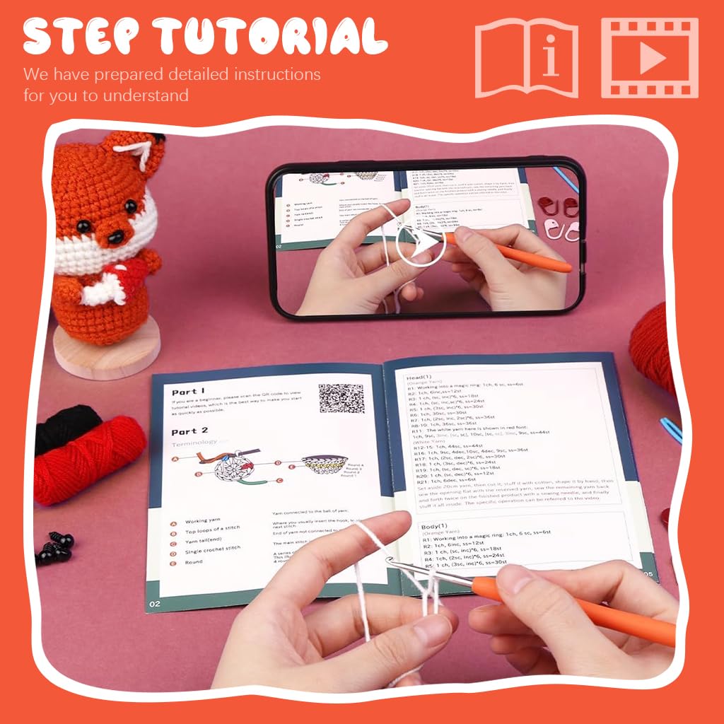 ZIBUYU Crochet Kit for Beginners with Hooks Yarn and Step-by-Step Video Tutorials | DIY Fox Craft for Adults