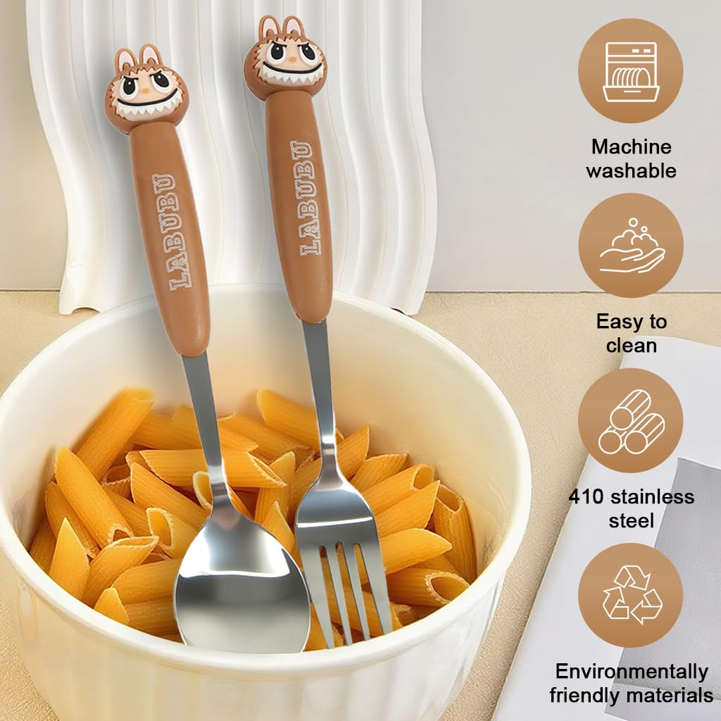 Supvox Fork and Spoon Set with Cartoon Handles and Storage Case for School & Picnic | Stainless Steel Utensils for Kids