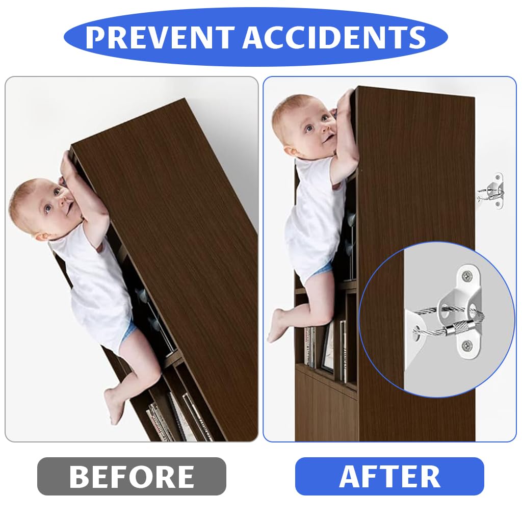 HASTHIP Furniture Anchor Kit for Child Safety with Steel Cable Lock and Wall Mount | 2Pcs Heavy Duty Steel Anchors for Bookshelves and Cabinets