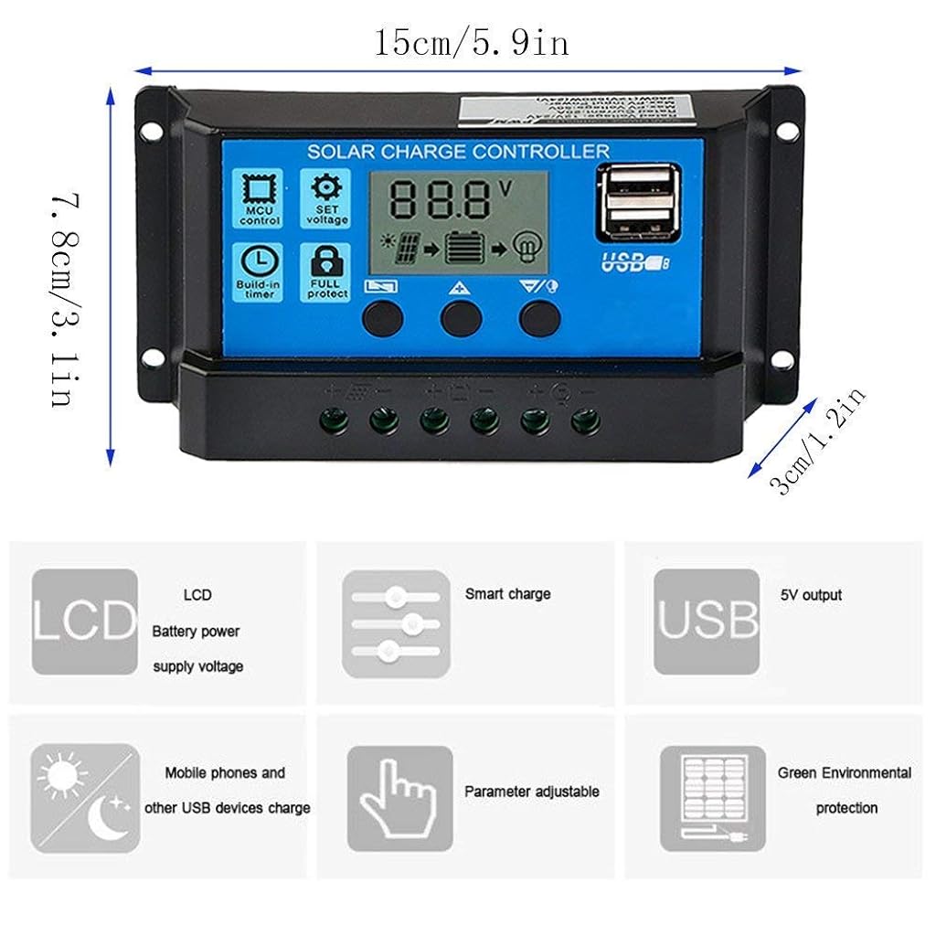 HASTHIP® Solar Charge Controller 20A 12V to 24V Panel Intelligent Regulator with Dual USB Port 5V Light Timer Control and LCD Display 3 PCS