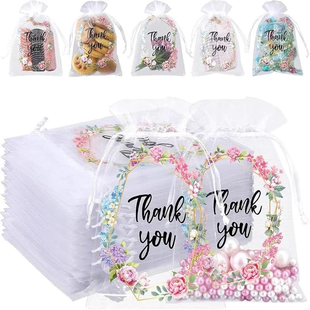 HASTHIP® 30PCS Organza Gift Bags for Jewelry Party Favor, 4x6 Inch Thank You White Sheer Drawstring Mesh Pouch Candy Bag-Snow