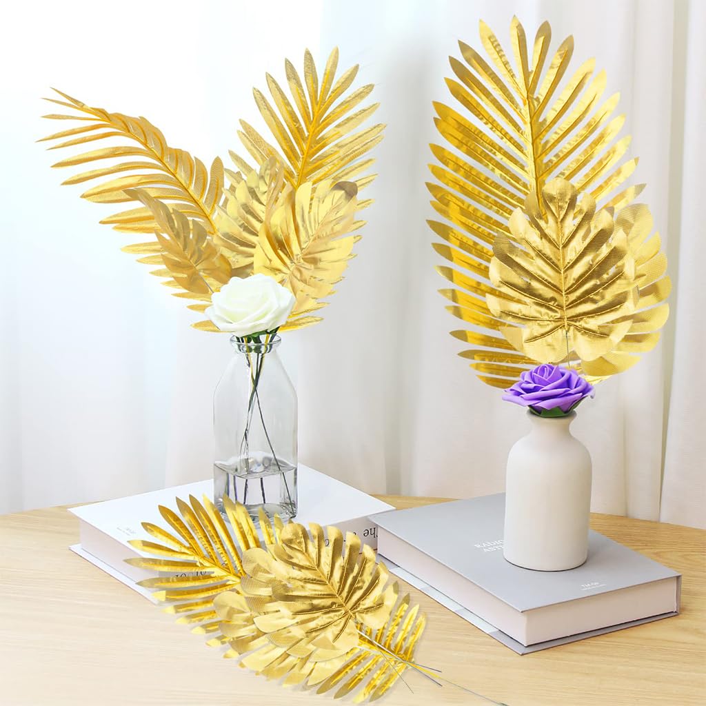 HASTHIP® 12pcs Golden Monstera Leaves, 11.8 inches Golden Monstera Leaves for Home Decor Faux Leaves Simulation Monstera Leaves with Stems for Home Decor, Wall Decor, DIY Art Crafts