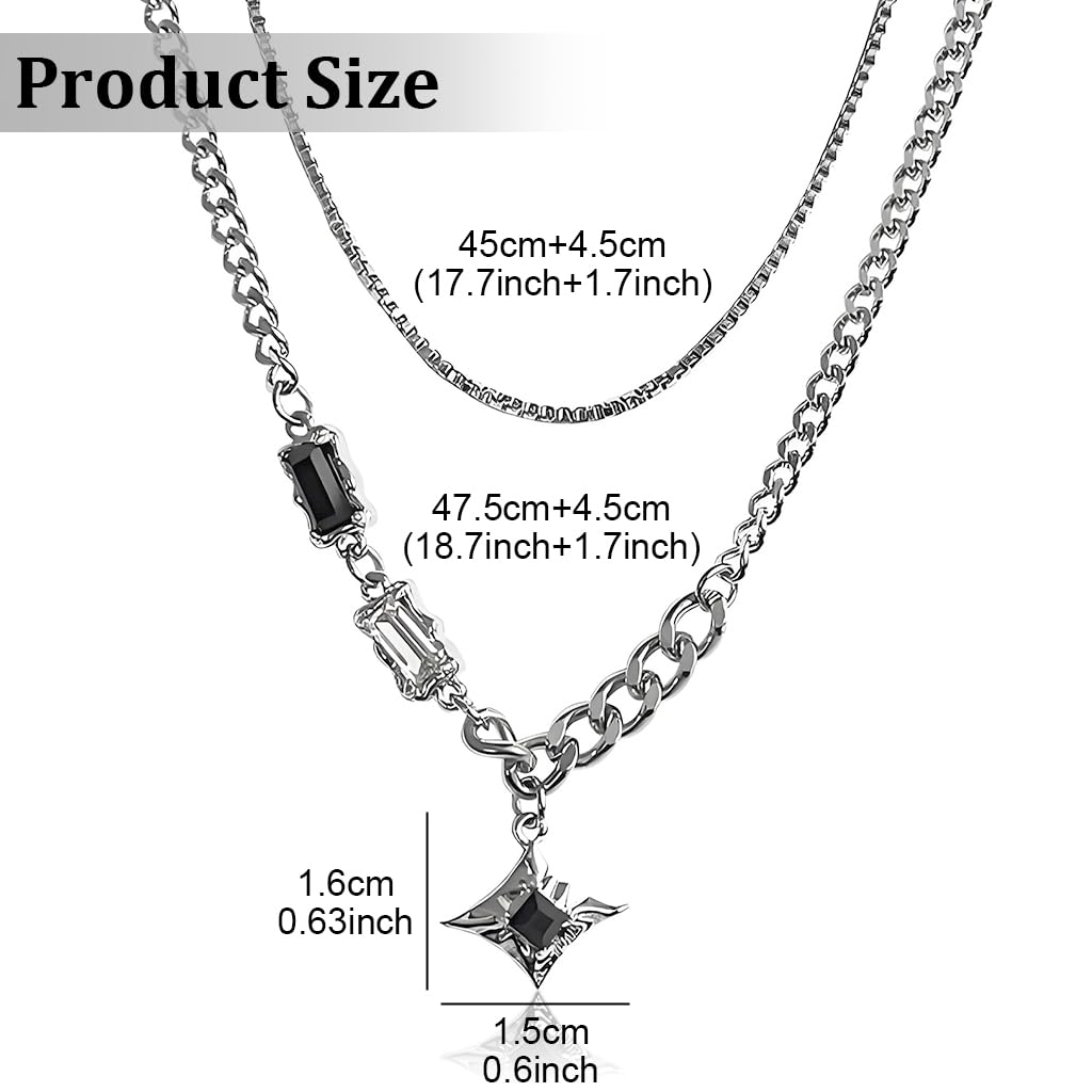 ZIBUYU Layered Chain Necklace with Sparkling Black Stone for Unisex Gothic Punk Style