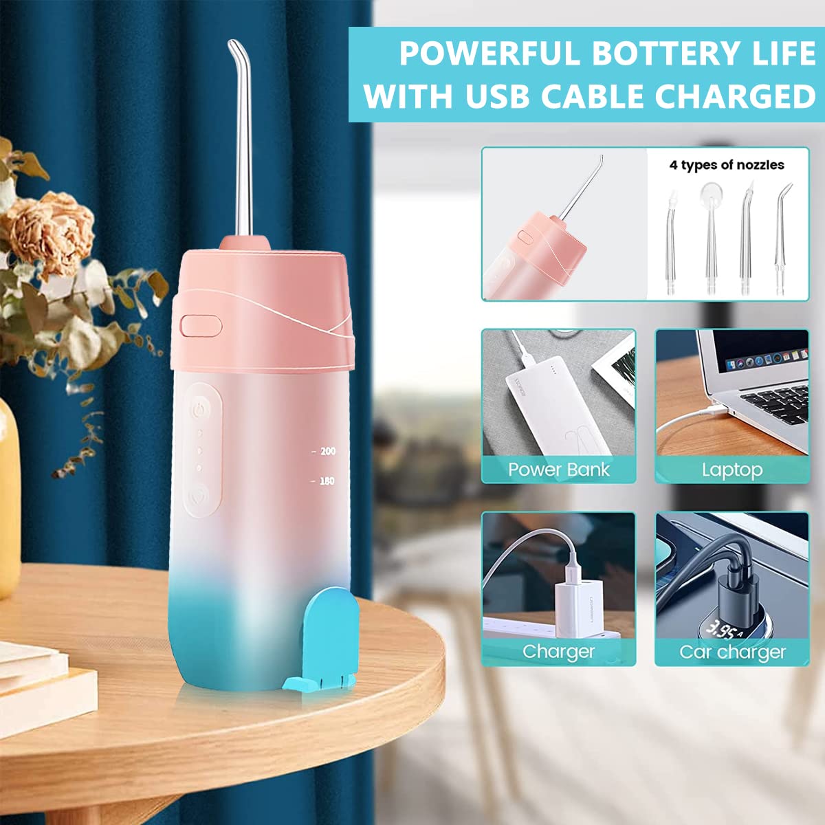 HANNEA Dental Flosser for Teeth with 240ml Water Tank and 360° Nozzle | Cordless Rechargeable IPX7 Cleaner