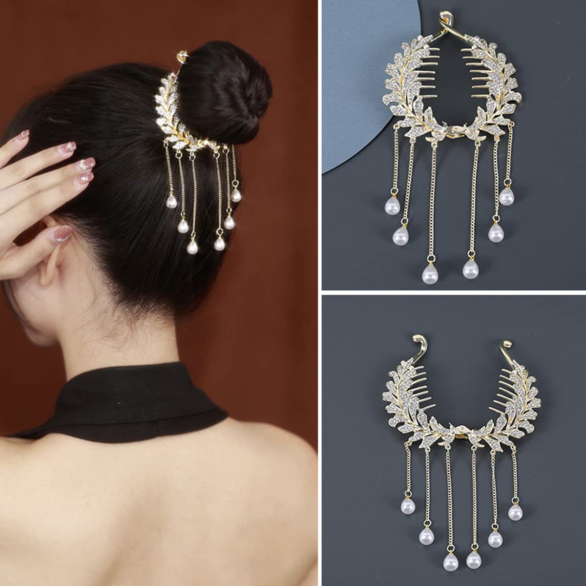 SANNIDHI Pearl Tassel Hair Bun Clip for Wedding and Party with Self Lock Design | Alloy Rhinestone Accessory for Women