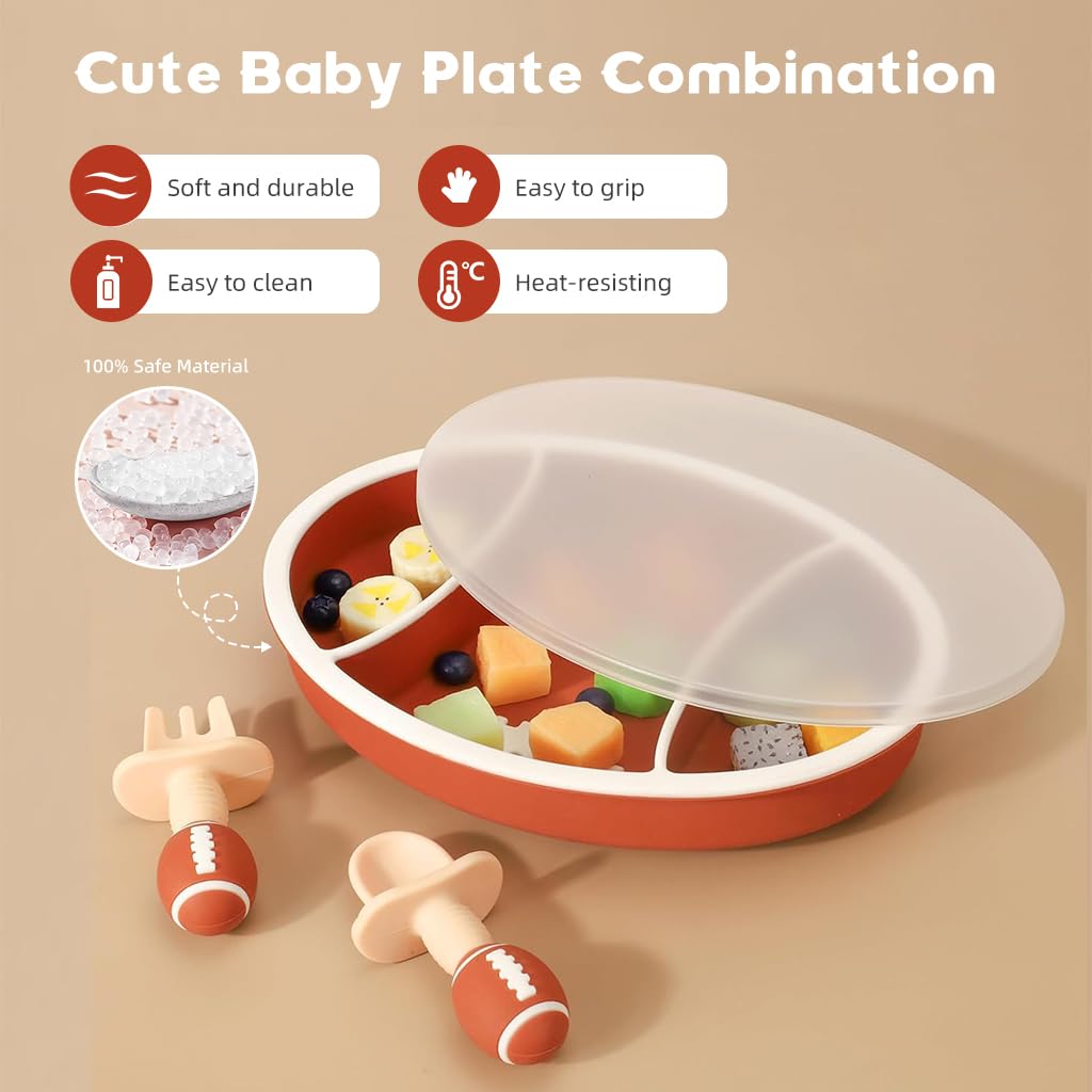 SNOWIE SOFT® Baby Food Plate Silicone Food Plate with Lid BPA-free Food Grade Suction Plates for Baby Silicone Plates for Babies Feeding Set Cartoon Rugby Shaped Baby Plate and Spoon Set