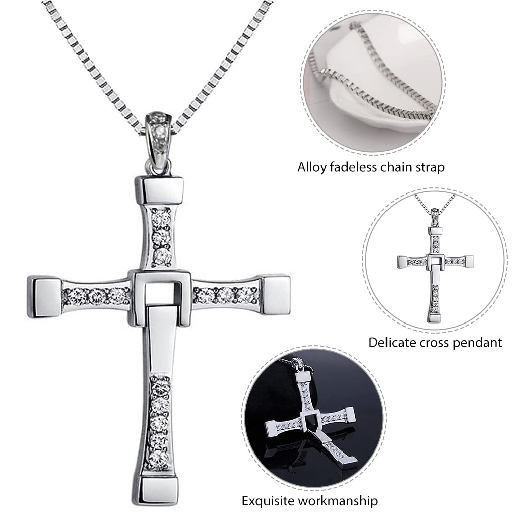 ZIBUYU Cross Necklace for Men Dominic Toretto's Cross Pendant Necklace The Fast and the Furious Titanium Steel Cross Neck Pendant Jewelry for Men and Boy's (Silver)