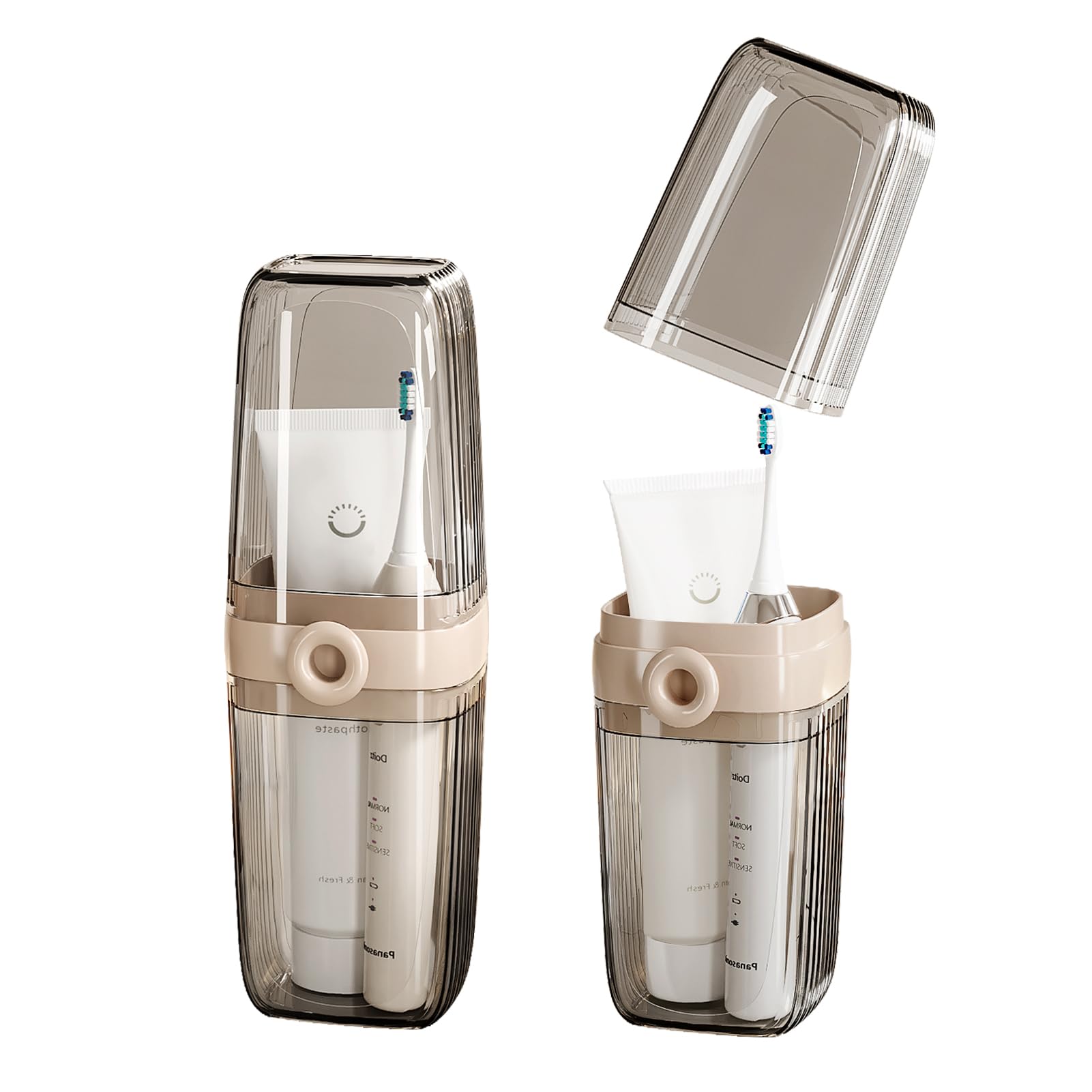 HASTHIP® Toothbrush Travel Case, 2 in 1 Tooth Brush Holder and Rinse Cup, Large Capacity Toothbrush Cup with Cover for Traveling, Camping, Trip - Beige & Clear