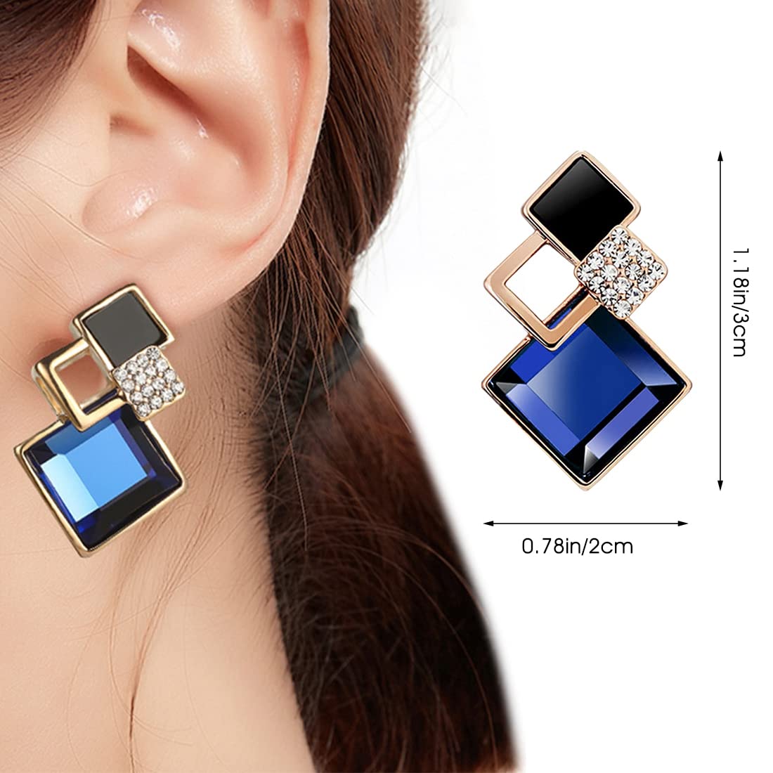 ZIBUYU Earrings for Women featuring Geometric Three Square Drop Design in Blue | Hypoallergenic Alloy