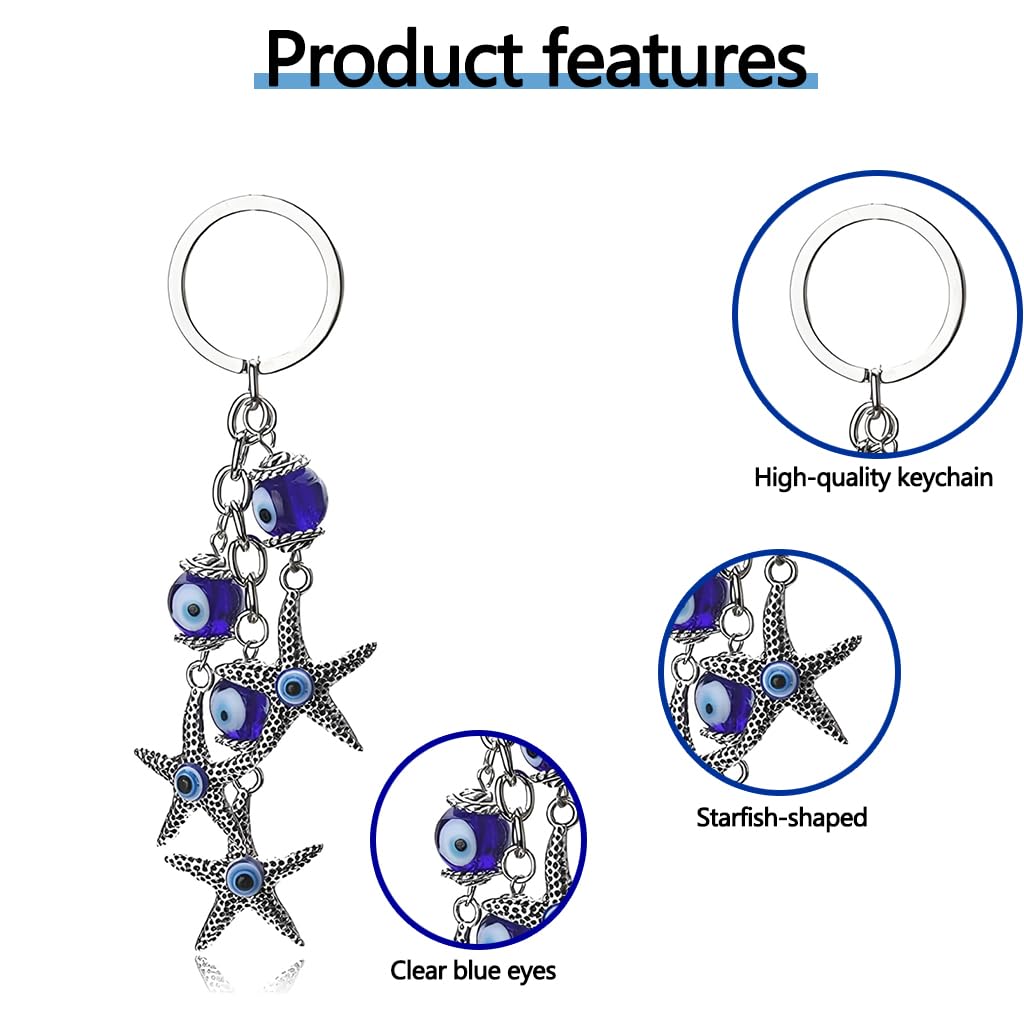 Zibuyu Creative Blue Evil Eye Keychain with Starfish Design Alloy and Colored Glass | Protective Charm for Keys Cars Bags and Home Decor