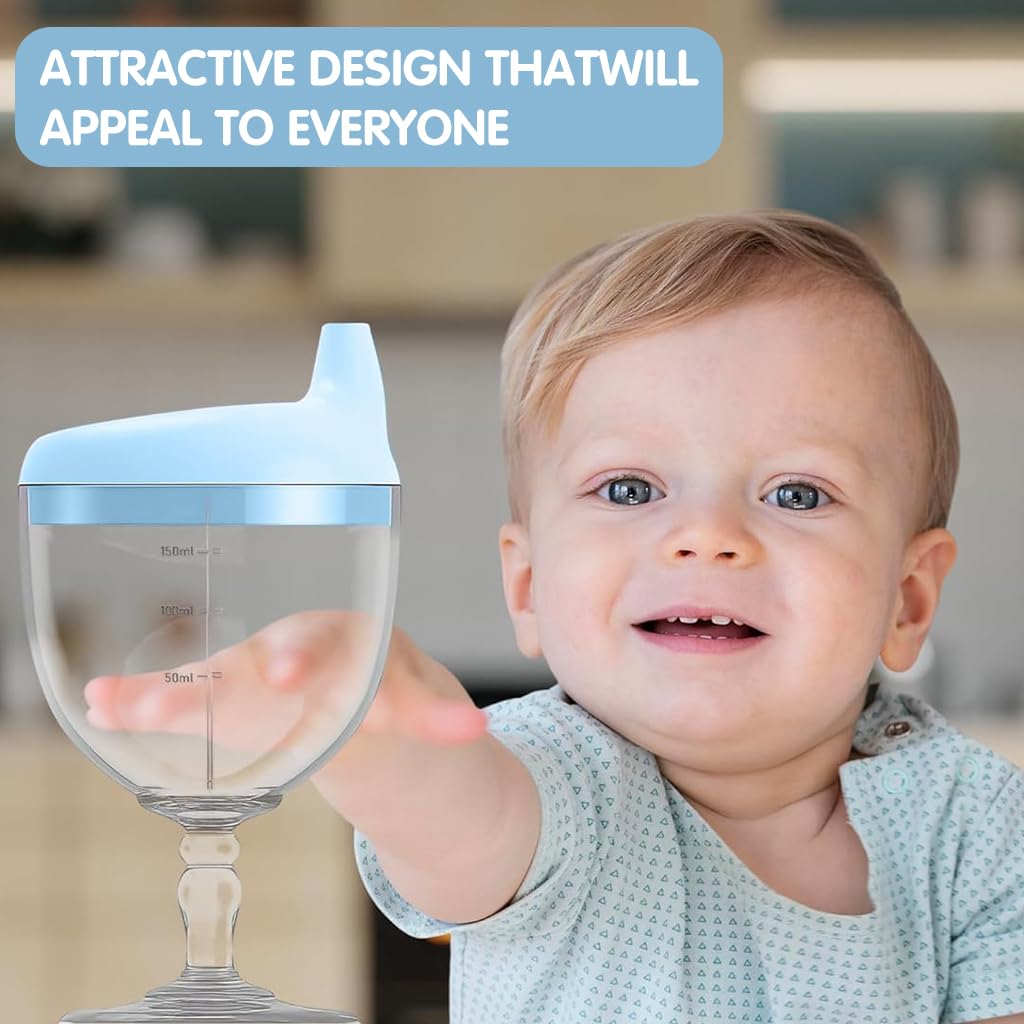 SNOWIE SOFT® Baby Sippy Cup Plastic Wine Glass Sippy Cup, Goblet Cup Beverage Mug Milk Bottle with Lid for Baby Toddlers Kids Creative Baby Drinking Cup for Table Baby Shower Gift Birthday, 150Ml Blue