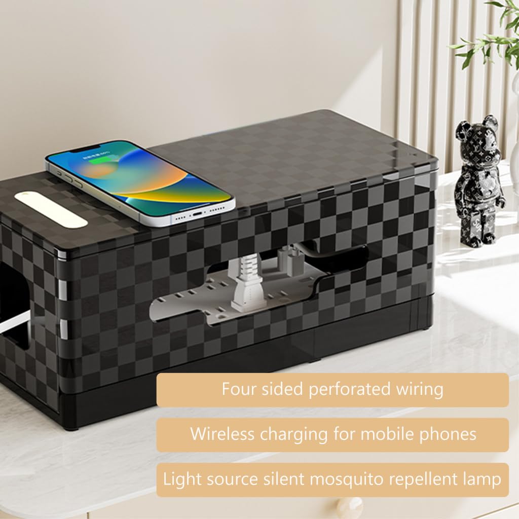 HASTHIP Cable Management Box for Desk and Home with Wireless Charger and 12.59 in Size | Includes Adjustable Mosquito Repellent Lamp in Black