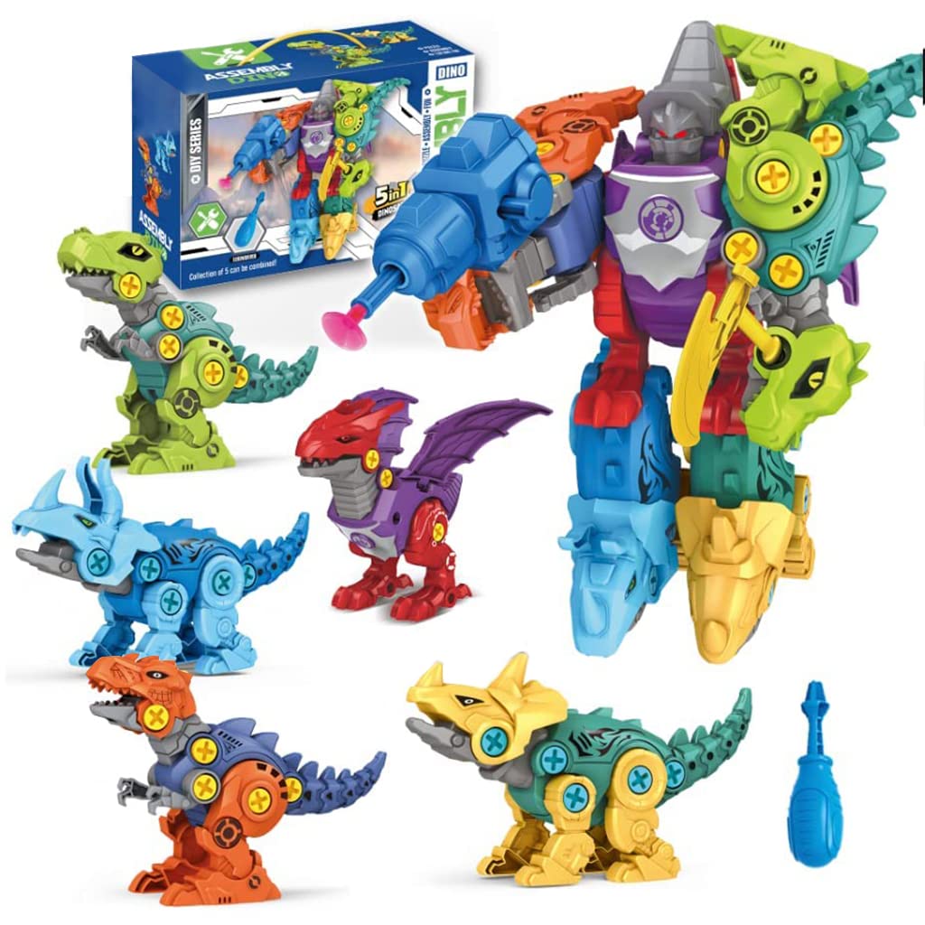 PATPAT  Dinosaur Toys for Kids, Dinosaur Robot Transformers Toys STEM Construction Building Toys for Kids, Dinosaur Toys with Screwdriver Building Blocks Gifts for Kids 3 - 8 Year Old (5 PCS 9-16cm)