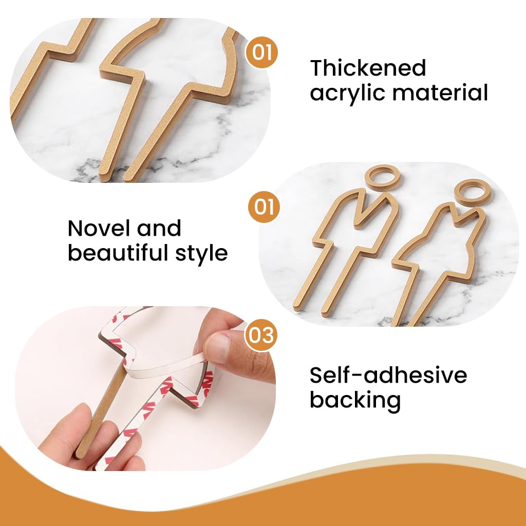 OFIFO Acrylic Washroom Sign Board for Office and Restaurant featuring Self Adhesive Back | Golden Bathroom Door Plate for Men and Women