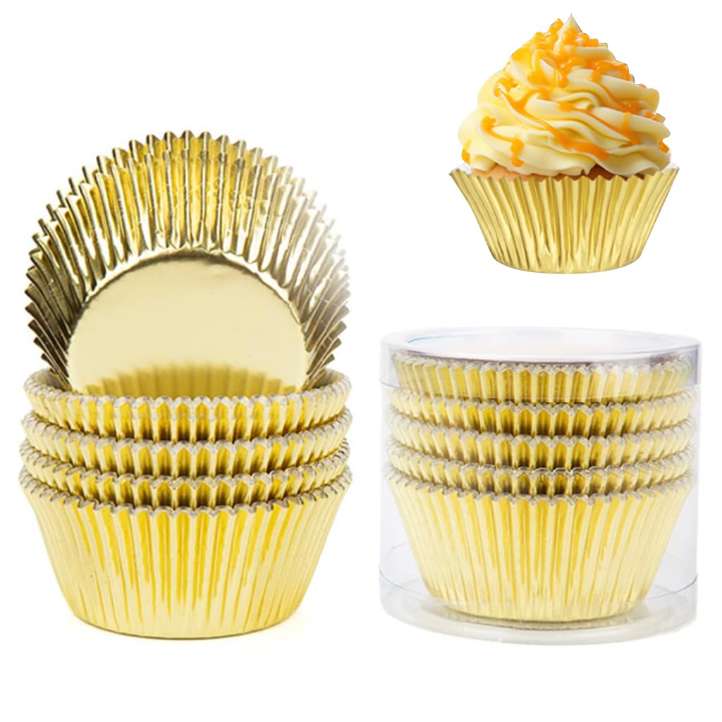 Supvox® 100Pcs Mini Foil Baking Cups, Cupcake Liners 4.8cm Base, Aluminum Foil Paper Muffin Liners, Perfect for Muffins, Chocolate & Festive Baking, Baking Cups for Party Wedding Festival (Gold)