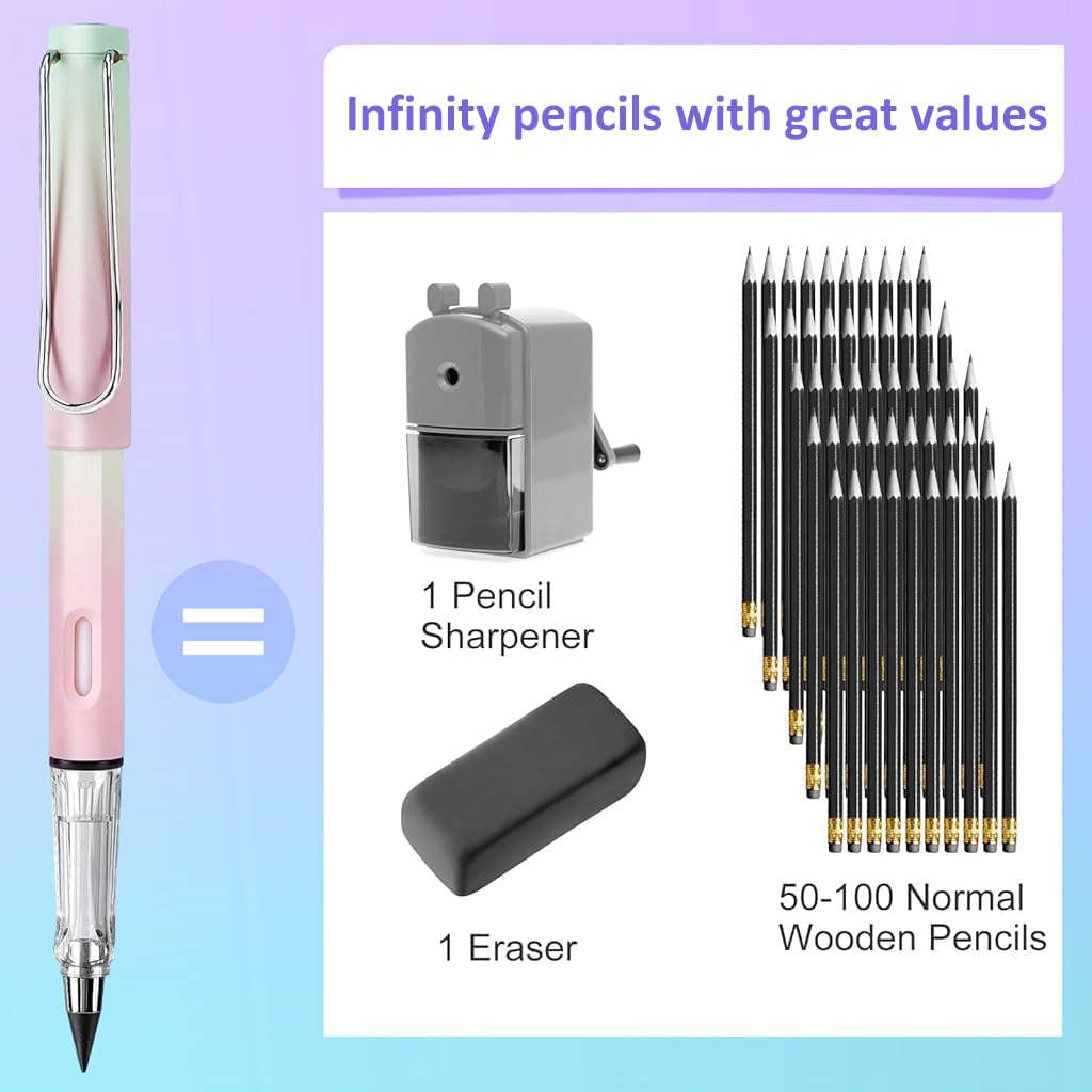 Climberty® 6 Pcs Everlasting Pencils Infinite Pencil with Eraser, 6 Pieces Interchangeable Head, Inkless Infinity Pencil Reusable Forever Pencil for Kids Writing Sketching Drawing (Gradient-A)