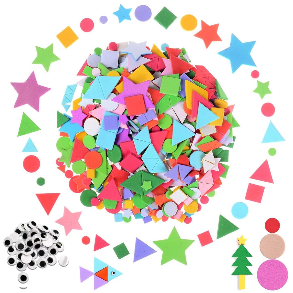 HASTHIP® 1000Pcs Colorful Geometric Stickers & 100Pcs Googly Eyes Assorted Shapes Colorful Foam Stickers STEM Based DIY Geometric Stickers for Kids Visual Learning Shape & Color Recognition