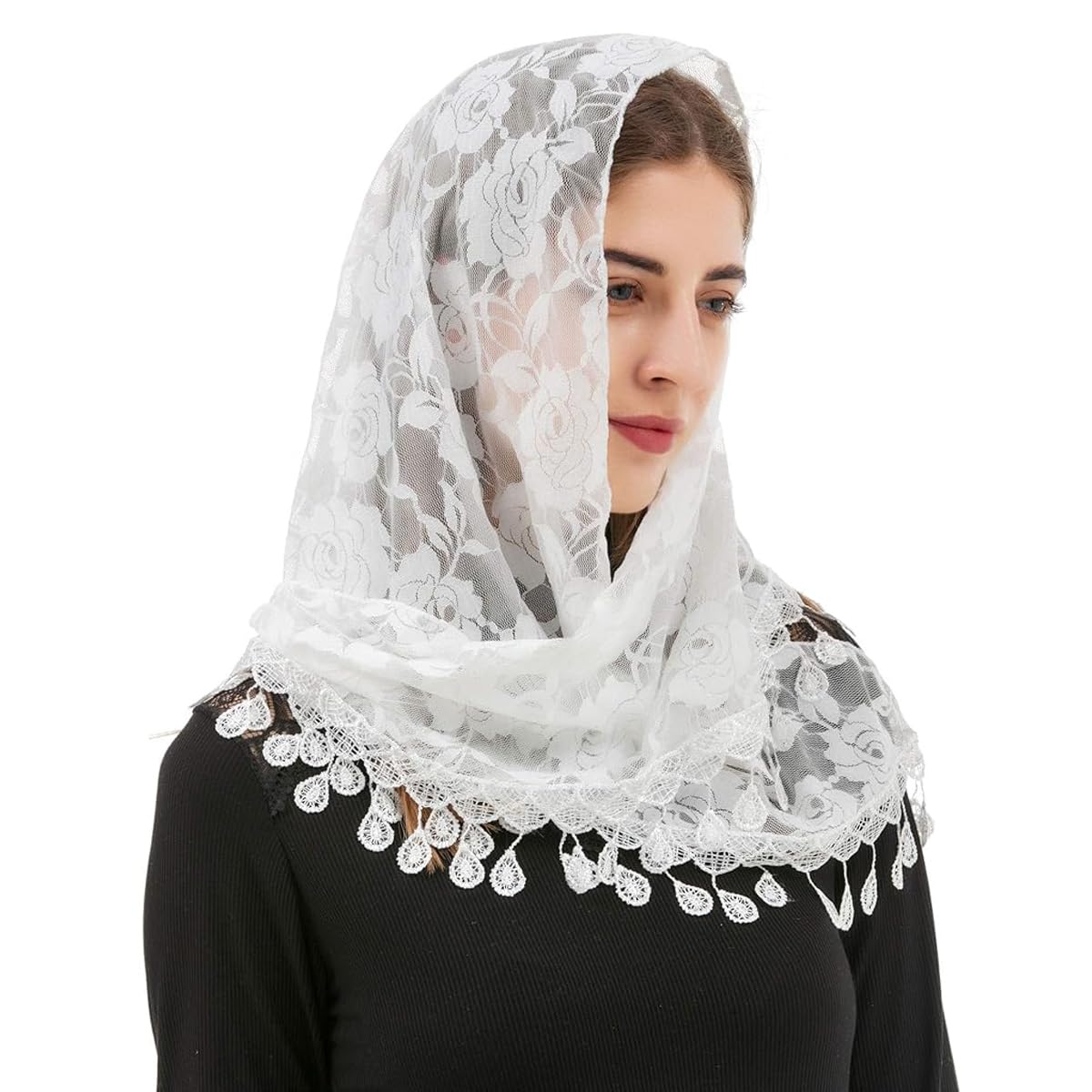 PALAY® Mass Veil for Women, Triangle Chapel Mantilla Lace Veil Shawl, Embroidery Rose Tassle Head Scarf Covering, Ladies Church Cathedral Headwear - White