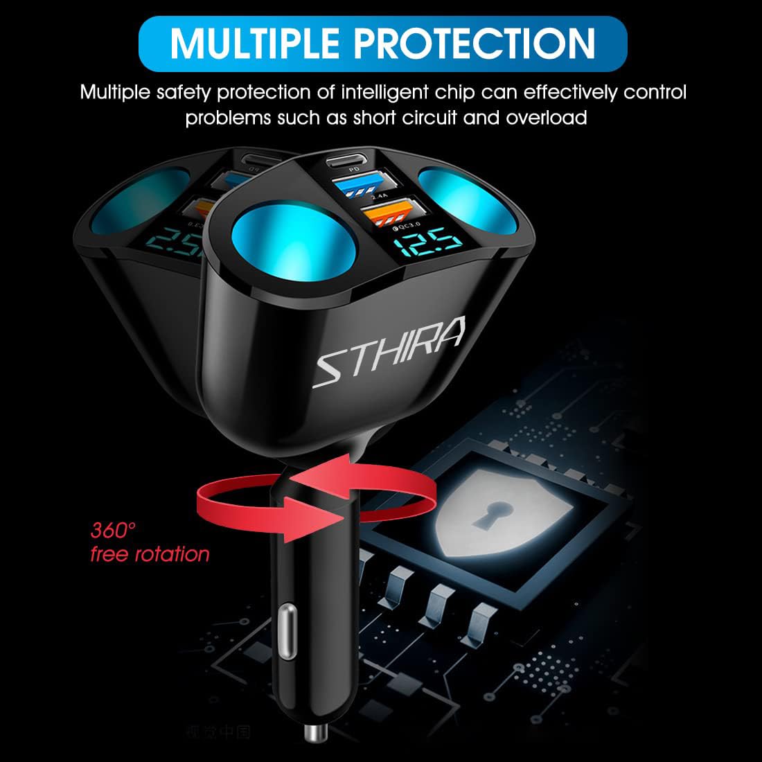STHIRA Cigarette Lighter Splitter for Car with PD Port and QC3.0 USB | 120W Dual Socket Adapter with LED Voltage Display