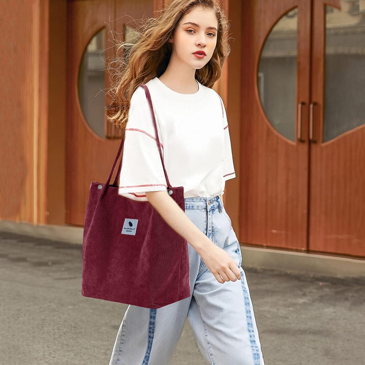 PALAY Tote Bag for Shopping and Commuting with Snap Button Closure 12.5x4.3x15.3 in Corduroy Burgundy