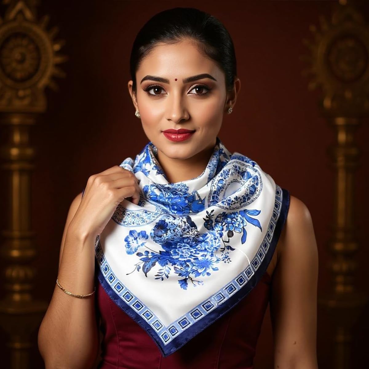 SANNIDHI Silk Scarf for Women 35x35 in featuring Blue Floral Print and Soft Satin Fabric | Versatile Neck Hair and Bag Accessory