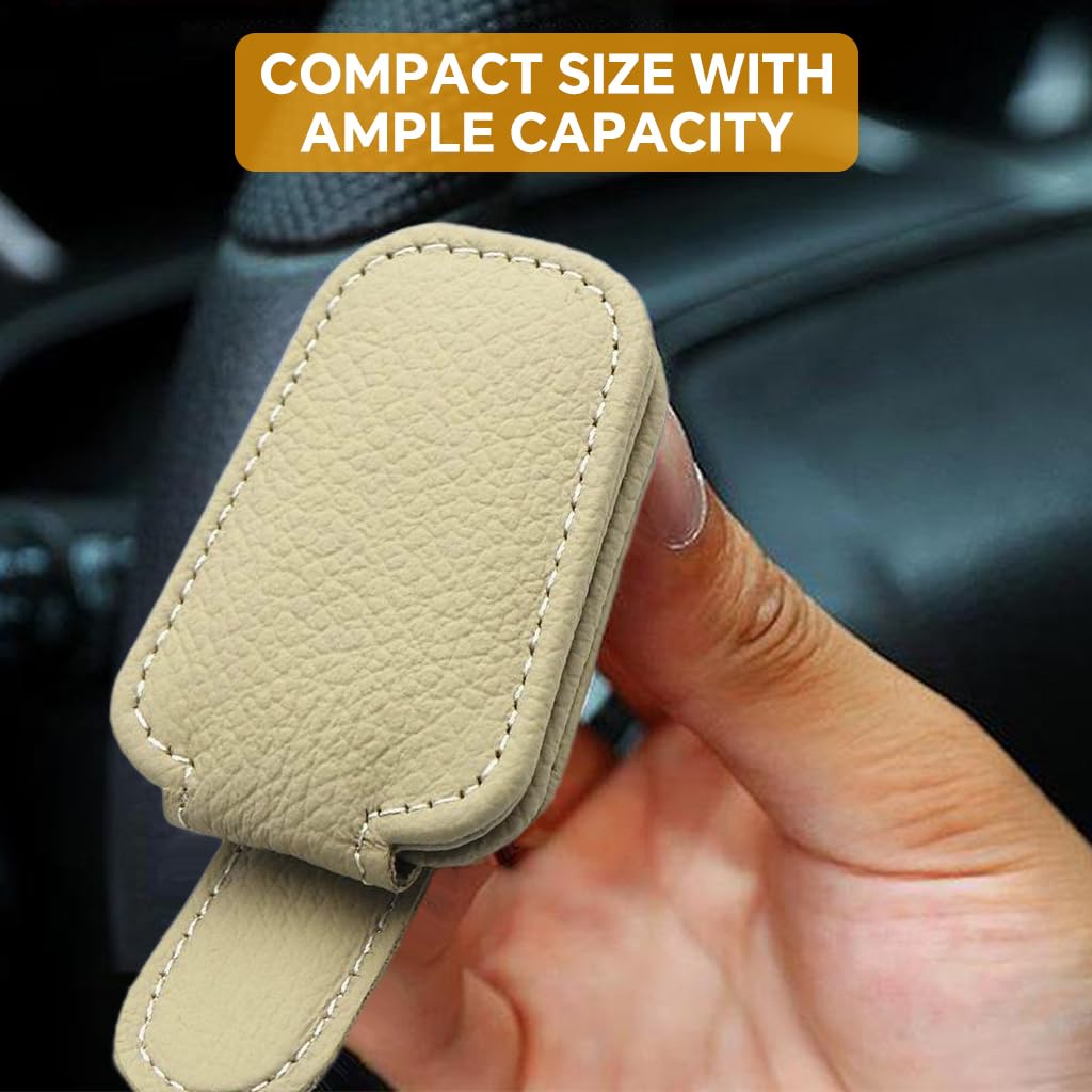 Zibuyu Car Visor Sunglasses Holders 2 Pack with Magnetic Closure and Beige Leather | 9.5x5x3.5cm Clips for Sunglasses and Cards