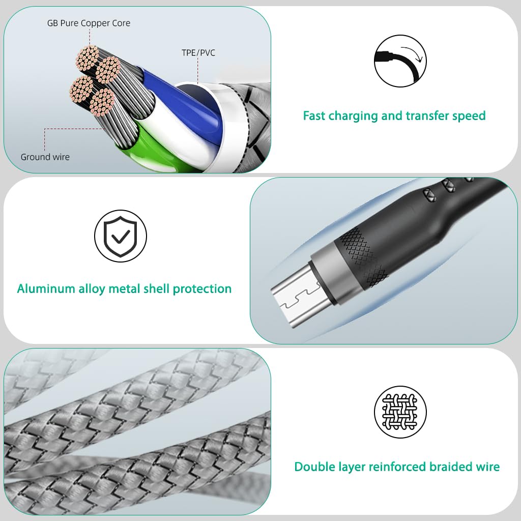 Verilux USB A to Micro USB Cable for Android Devices with 16.4ft Length and Braided Nylon | 5V/2A Fast Charging and 480Mbps Data Sync