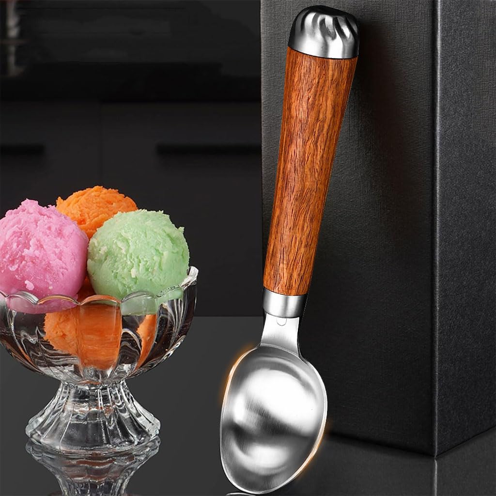 ZIBUYU Ice Cream Scoop for Desserts with Ergonomic Wooden Handle and 304 Stainless Steel | Easy Food Release and Dishwasher Safe