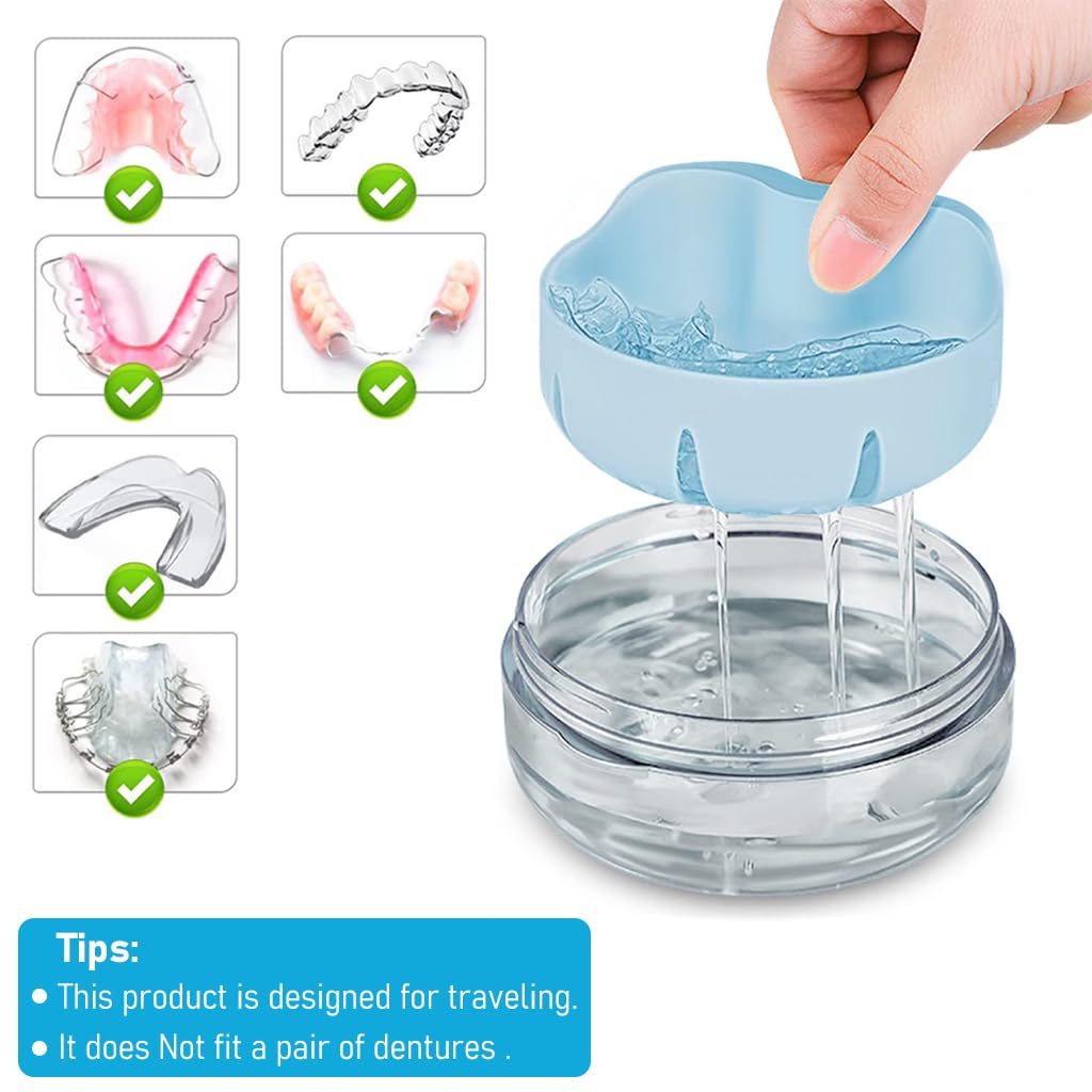 HANNEA® Denture Case, Denture Bath Case Cup Box Holder, Leak Proof Portable Retainer Case, Denture Box with Strainer & Mirror for Travel, Denture Case for Aligner Retainer Mouth Guard, Blue