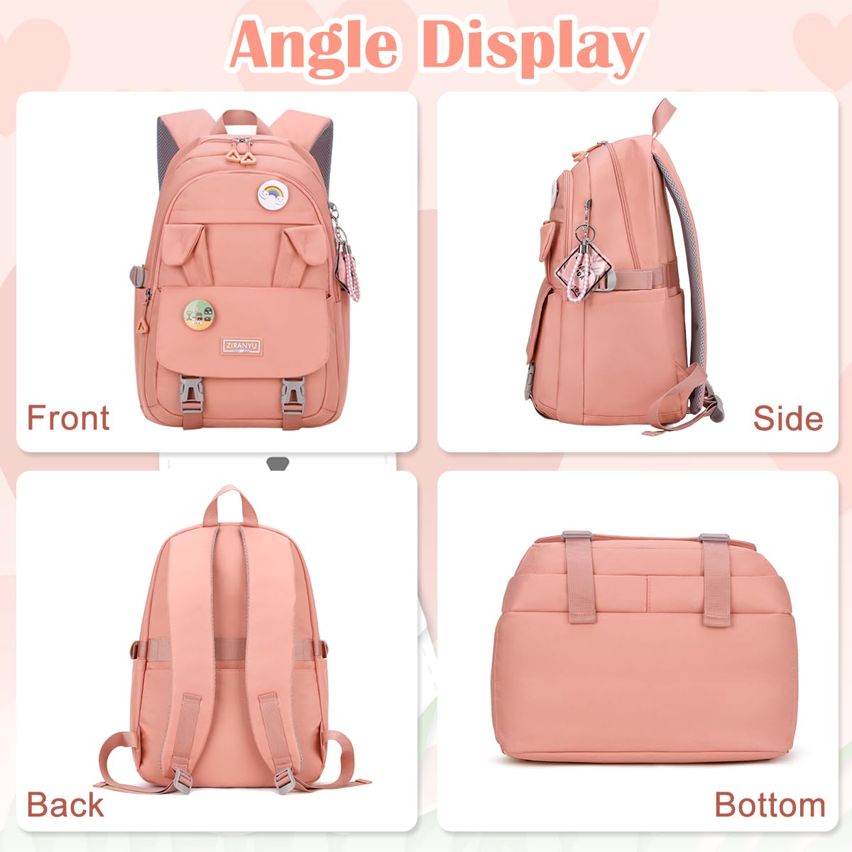 PALAY® School Backpack for Girls Kawaii Bunny Ear Pink 15.6 Inches Laptop Backpack Fashion Nylon Casual Travel Backpack Multi Compartment Book Bag Chirstmas Birthday Gift for Girls, 32x20x43cm