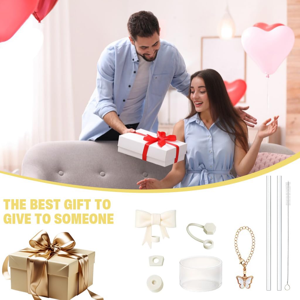 HASTHIP Stanley Cup Accessories Kit with 9 Pcs Charm Set and Butterfly Handle Chain | Includes Straws Brush and Bottom Sleeve