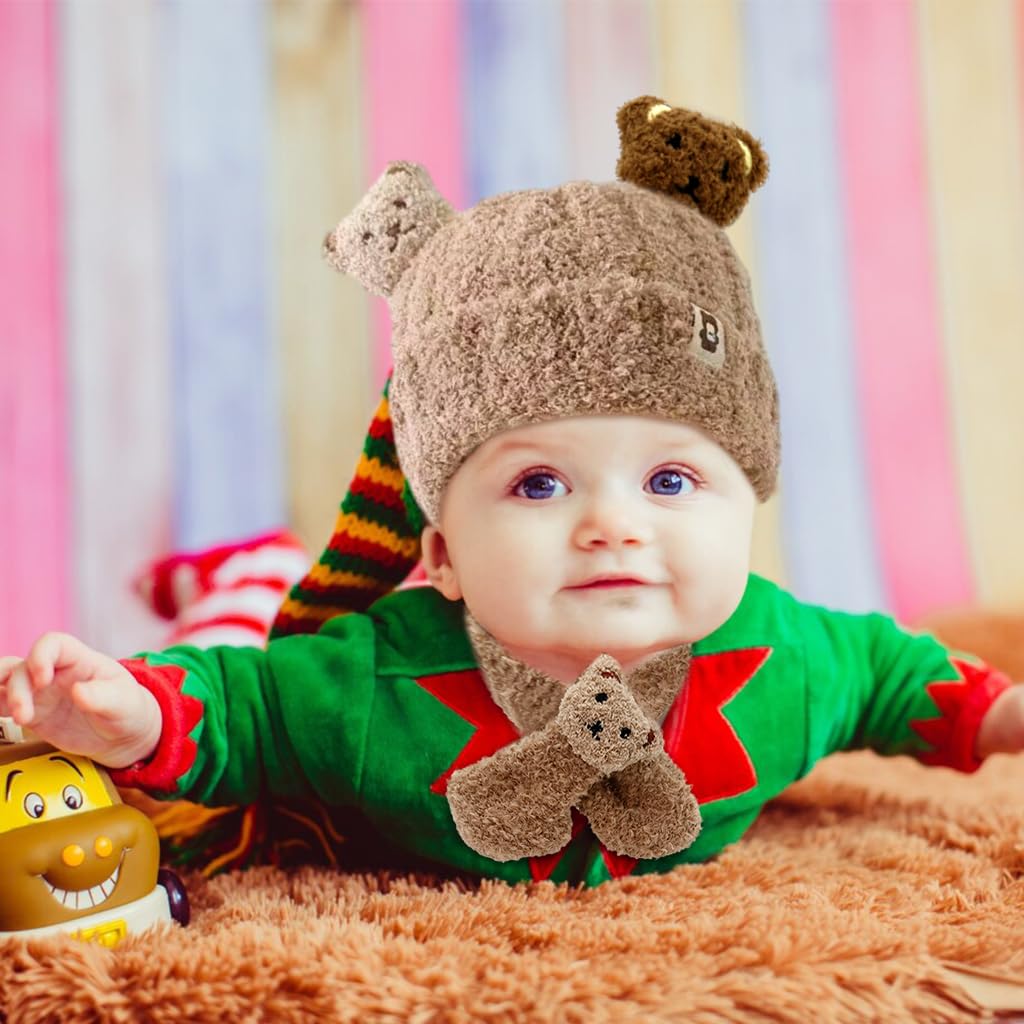 SNOWIE SOFT® Winter Cap for Kids Baby Cap Woolen Cap for Baby Winter Hat Scarf Set, Brown Cartoon Bear Baby Winter Cap for 0 to 3 Year Christmas Gifts