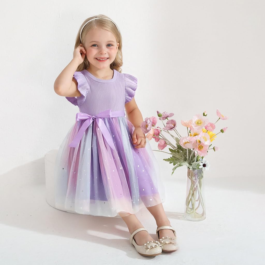 SANNIDHI Girls Lace Frock for Birthday Parties featuring Rainbow Tulle Skirt and Satin Bow | Purple 5-6Y