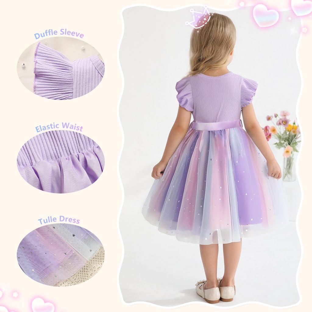 SANNIDHI Girls Lace Frock for Birthday Parties featuring Rainbow Tulle Skirt and Satin Bow | Purple 5-6Y
