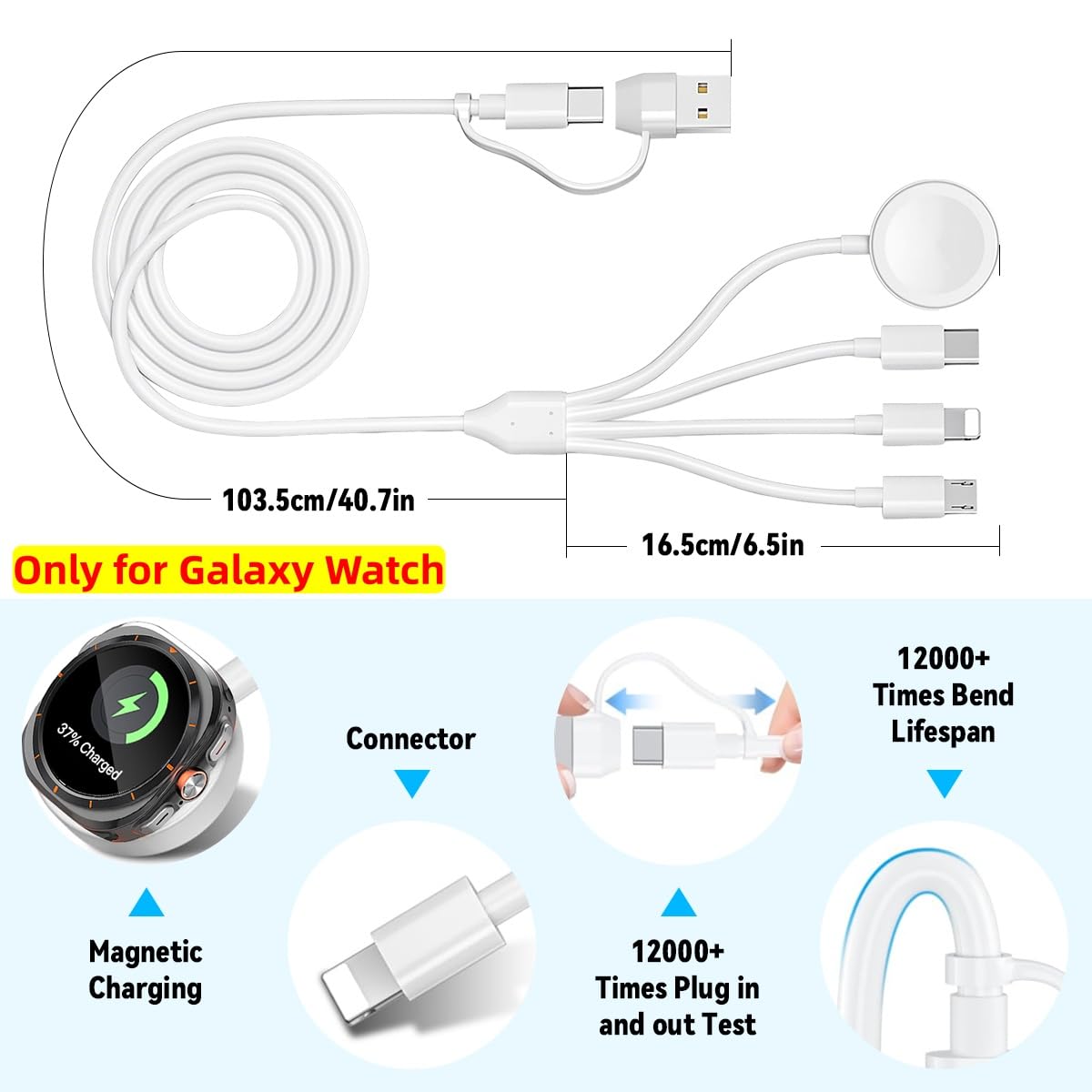Verilux 4 in 2 Type C Charging Cable 1.2m with Magnetic Watch Charger for Galaxy | USB C to C and Lightning Compatibility