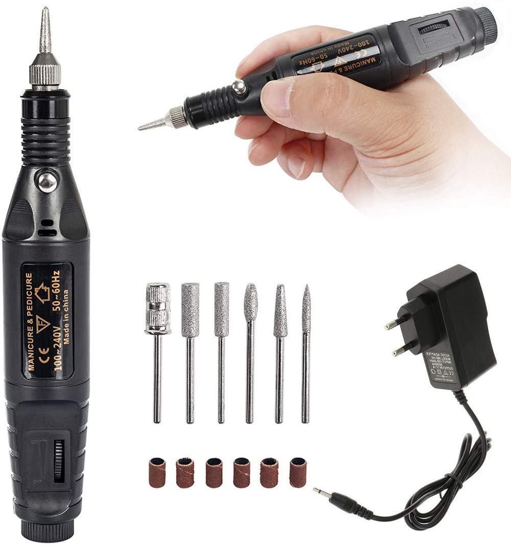 MAYCREATE Mini Electric Nail Drill for Manicure and Pedicure with 6 Bits 2000–18000 RPM | Portable Black Polisher
