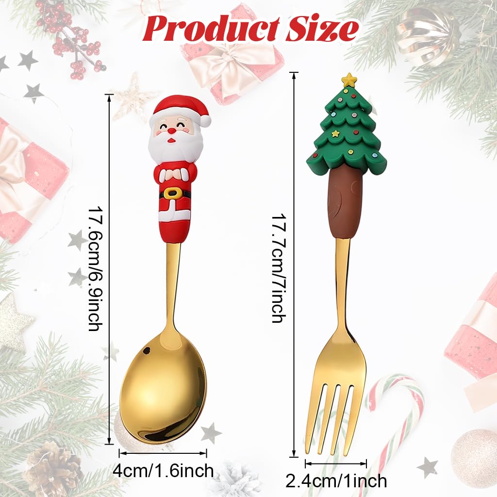 HASTHIP Christmas Spoon and Fork Set for Festive Dining with Santa and Tree Toppers | 2PCS Gold Stainless Steel Flatware in Gift Box