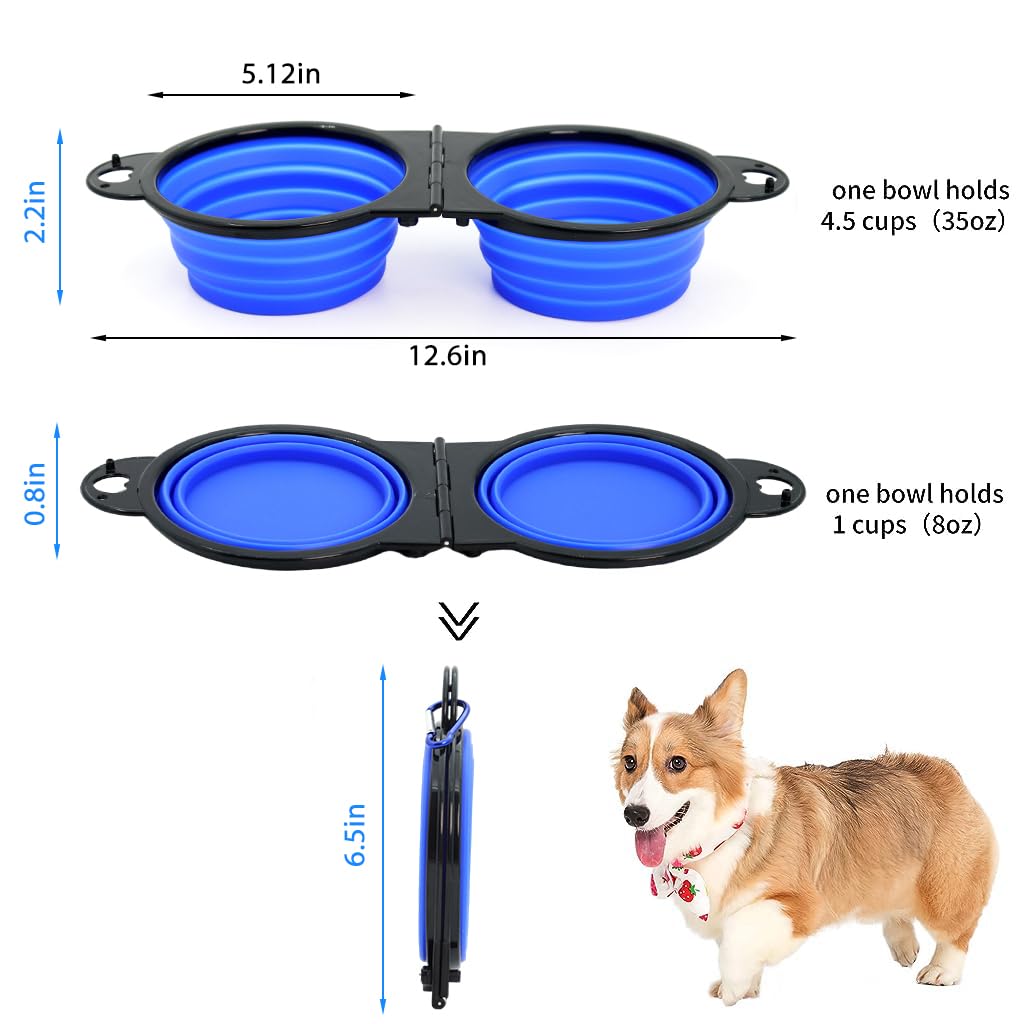 Qpets® Dog Bowl Outdoor Folding Dog Bowl 2 in 1 Dog Feeding Bowl Food Bowl Water Bowl for Travel, Hiking Food Grade Silicone Material Convenient Bifold Dog Car Food Bowl with Carabiner