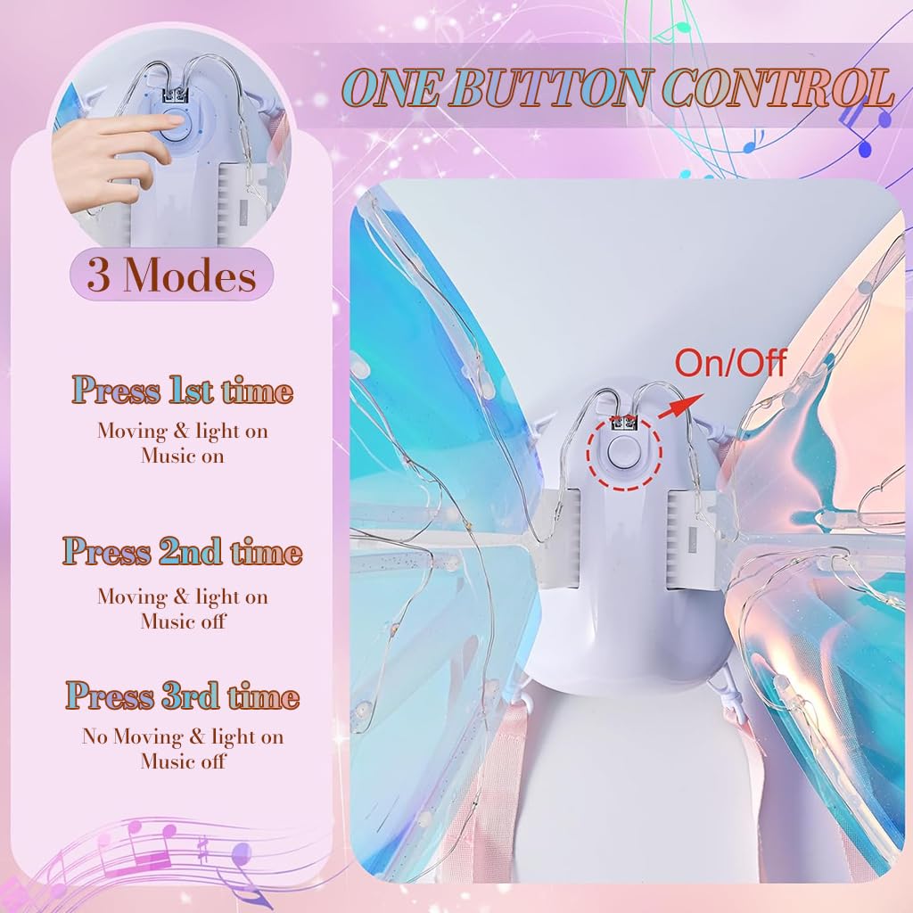 PATPAT Electric Butterfly Wings for Girls with LED Lights and Music featuring 21.5x35.8 in Organza | Ideal for Halloween and Birthday Parties