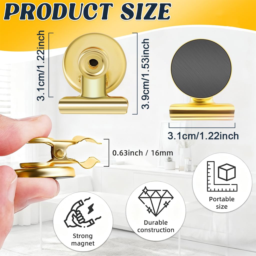 HASTHIP Magnetic Clips for Fridge and Whiteboard with Strong Magnet 10Pcs Golden Metal Set
