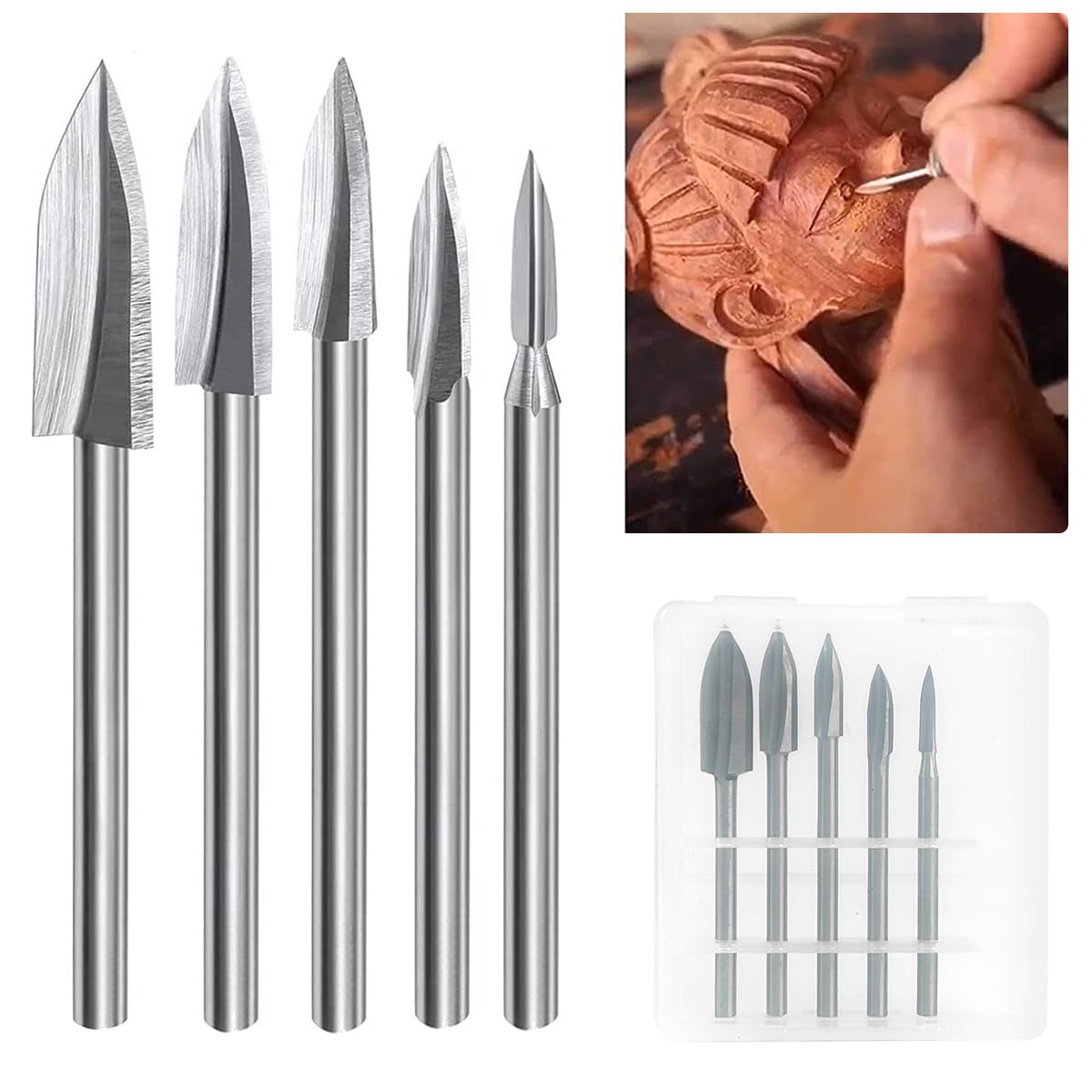 HASTHIP® Wood Carving Tools for Rotary Tool, 5 PCS HSS Woodworking Tools Engraving Drill Bit Set Wood Crafts Grinding Tool Universal 1/8