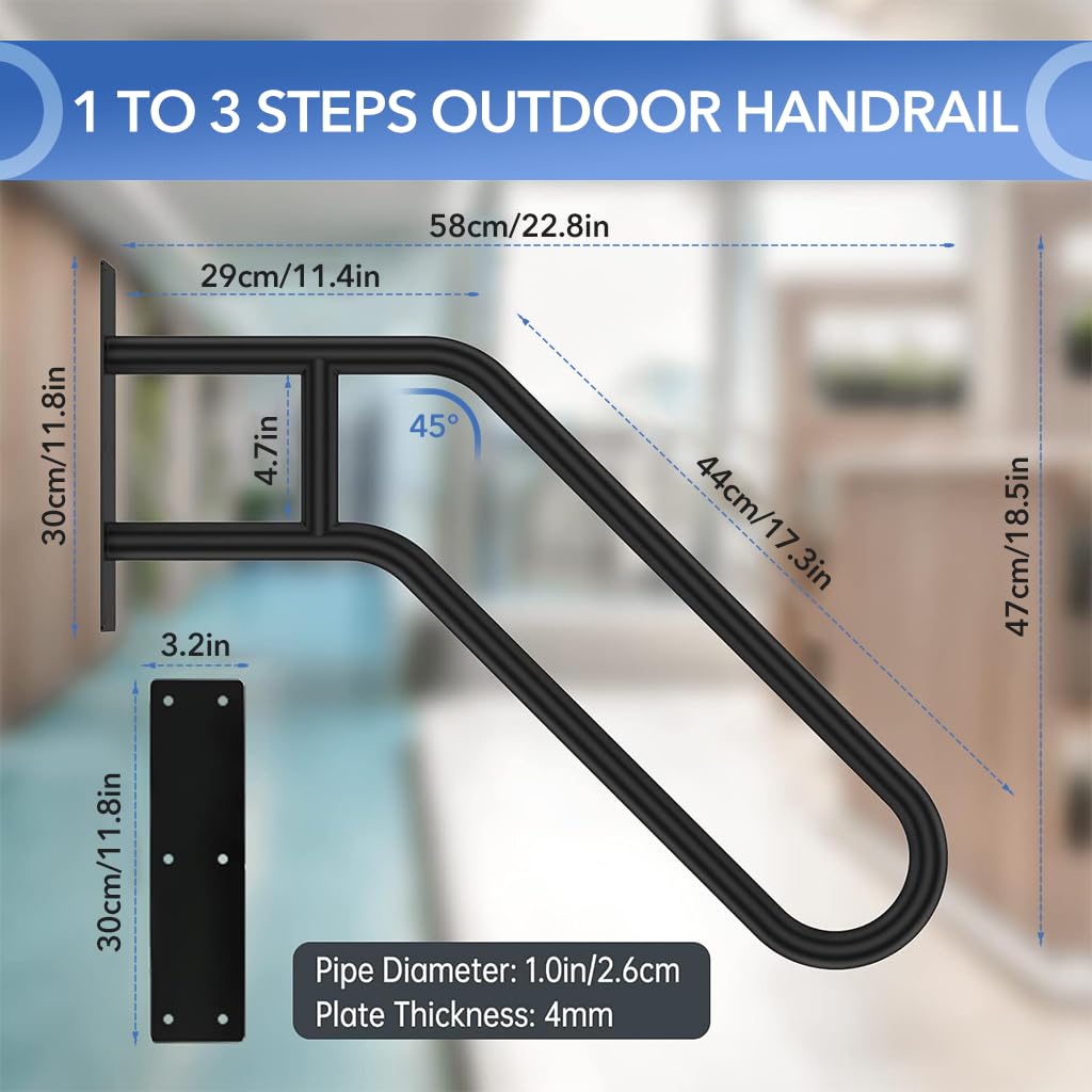 HANNEA Grab Bar for Stairs and Porch with 22.8 in 45° Slanted Handle | Wrought Iron Safety Handrail