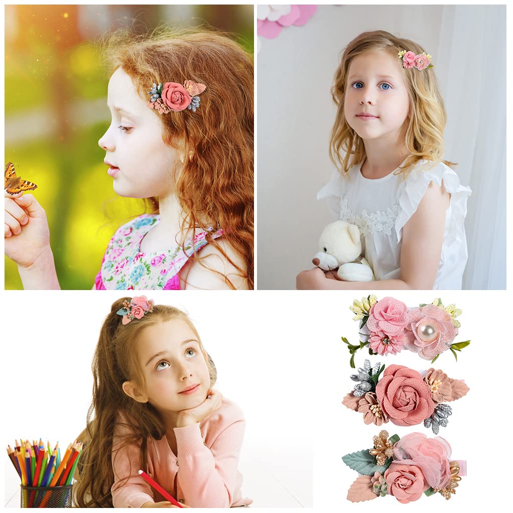 GUSTAVE® Pink 3 Pcs Floral Flower Hair Clips and Bow Hair Accessories for Girls,Baby,Toddlers,Teens Gifts