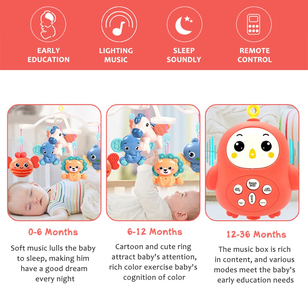PATPAT Baby Crib Mobile for 0–6 Months with Remote Control and 360° Rotation | Pink