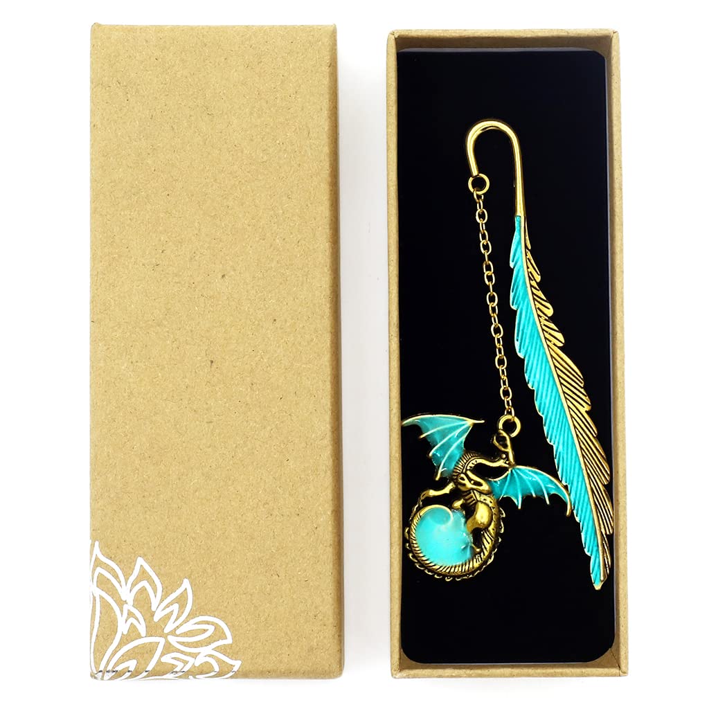 HASTHIP® Metal Feather Bookmark Glow in The Dark, Vintage 3D Golden Dragon Bookmark for Reading Enthusiasts and Gifting, Bookmark Gift for Teachers Women Student, Mothers Day, Christmas Gifts