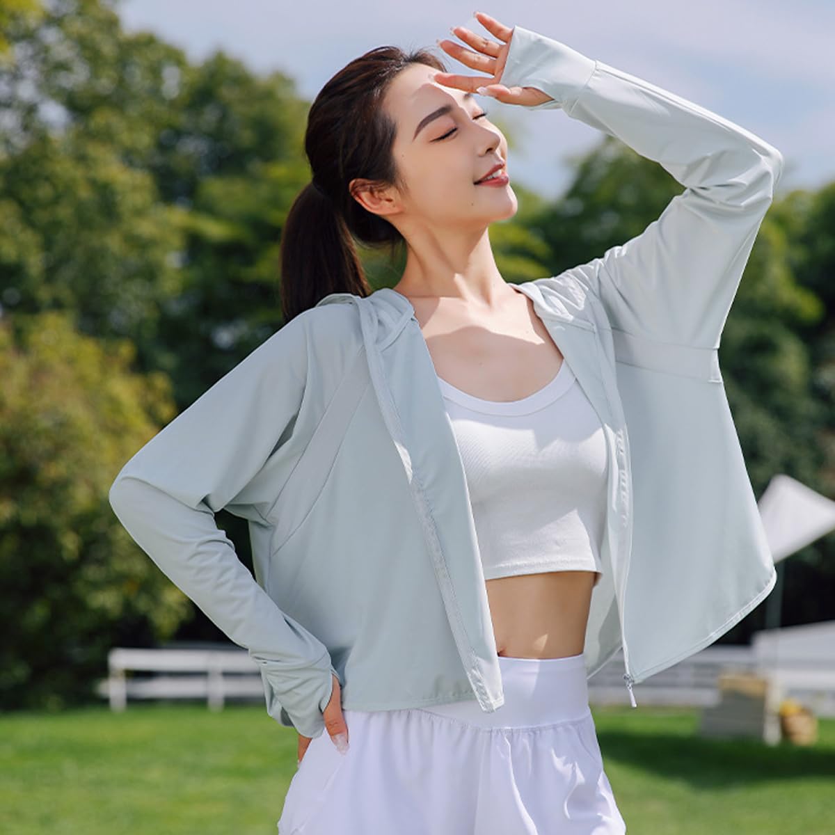 PALAY Women's Sun Protection Jacket UPF 50+ for Outdoor Running and Hiking | Lightweight Nylon Zip Hoodie with Face Mask Grey